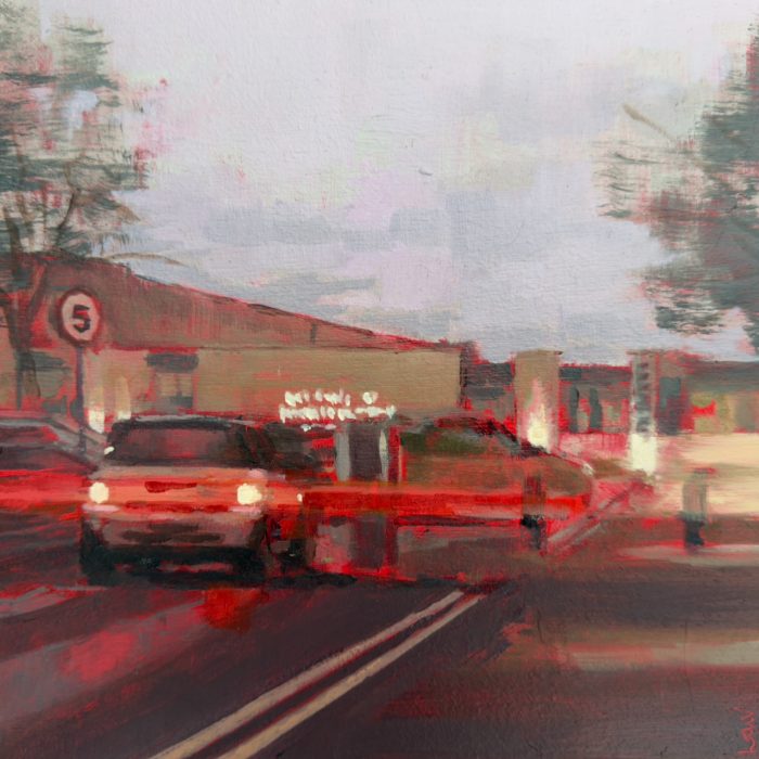 Small oil painting by Contemporary British Artist Louise Ventris, showing the rear lights of vehicle in the carpark. Yellow lines visible.