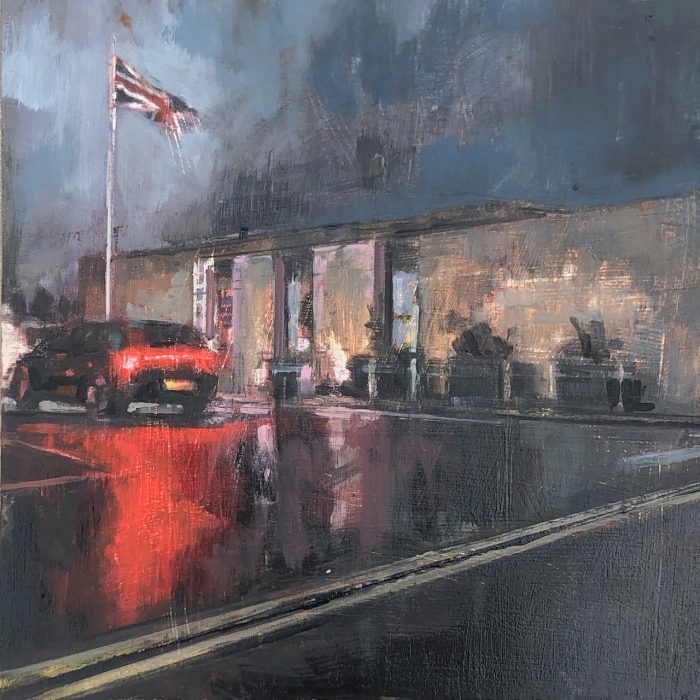 Small oil painting rear lights reflecting across the hospital car park. Union Jack flying in background. By Uk contemporary artist Louise Ventris.