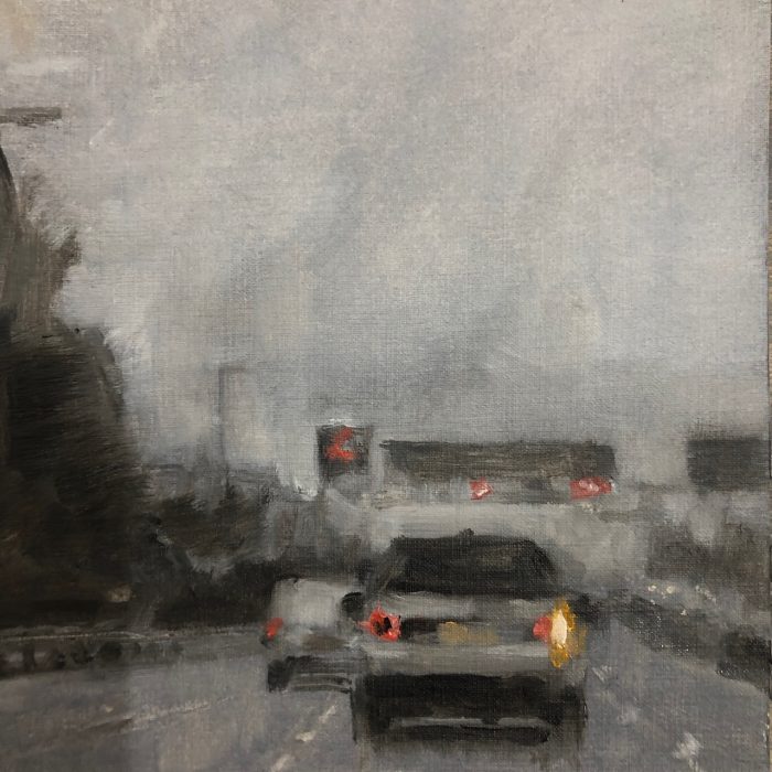 Small oil painting of rear view of a vehicle on Motorway, by artist Louise Ventris