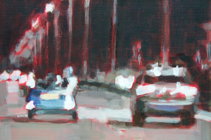 Rear lights. 21cm * 14.8 cm acrylic on paper £200 Review end view of two cars at night on the motorway. Acrylic on paper - by artist Louise Ventris